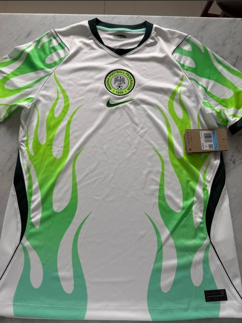 Nike White & Neon Green Soccer Jersey with Flame Design